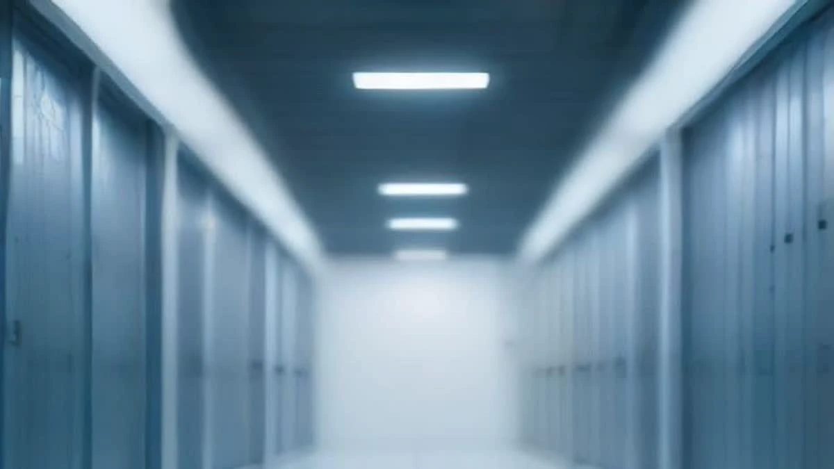 A modern data centre aisle with white racks and small blue indicator lights