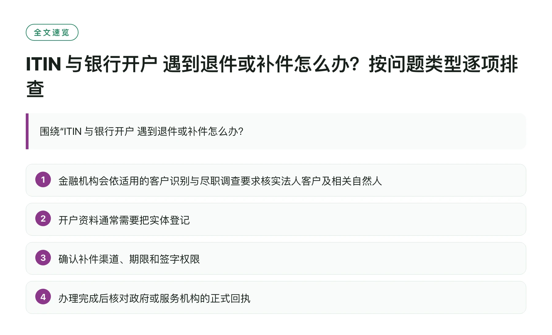 ITIN 与银行开户 遇到退件或补件怎么办？按问题类型逐项排查——全文要点速览